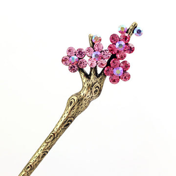 Rhinestone Plum Flower Hair Stick in Antique Brass Finish